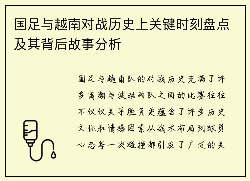 国足与越南对战历史上关键时刻盘点及其背后故事分析